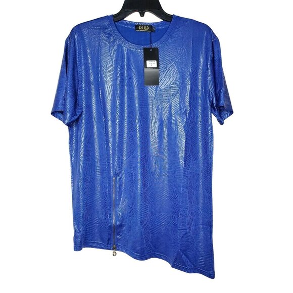 Gold Leaf Royal Blue Short Sleeve Shirt Slant Hem & Leathery Feel Medium - Picture 1 of 10
